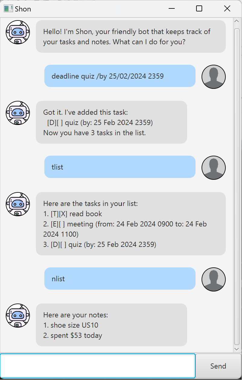 Screenshot of Shon chatbot